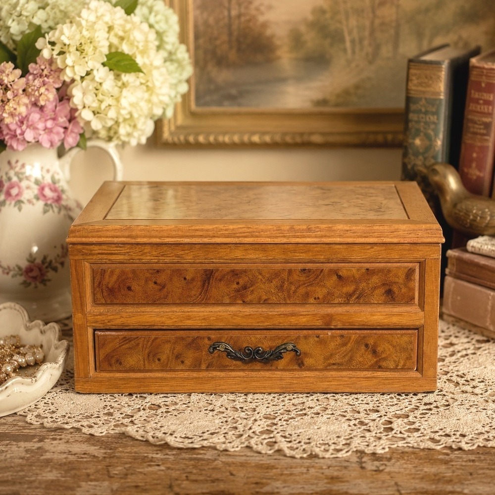 Vintage Burl Wood Jewelry Box Mirror Top Drawer Velvet Lined Trinket Organizer